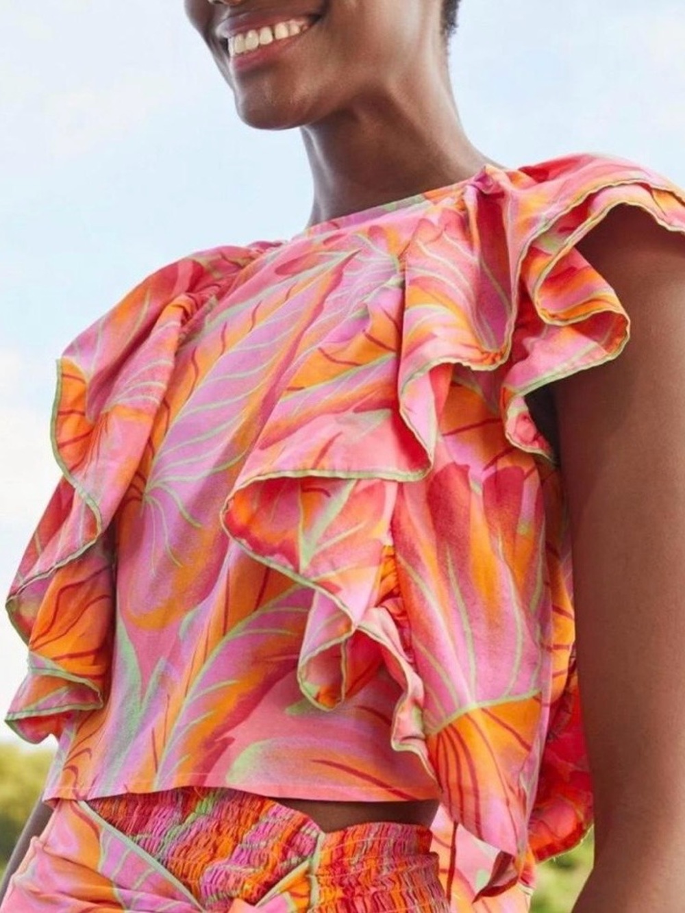 Farm Rio Tropical Ruffle Sleeve Blouse - Picture 2 of 7